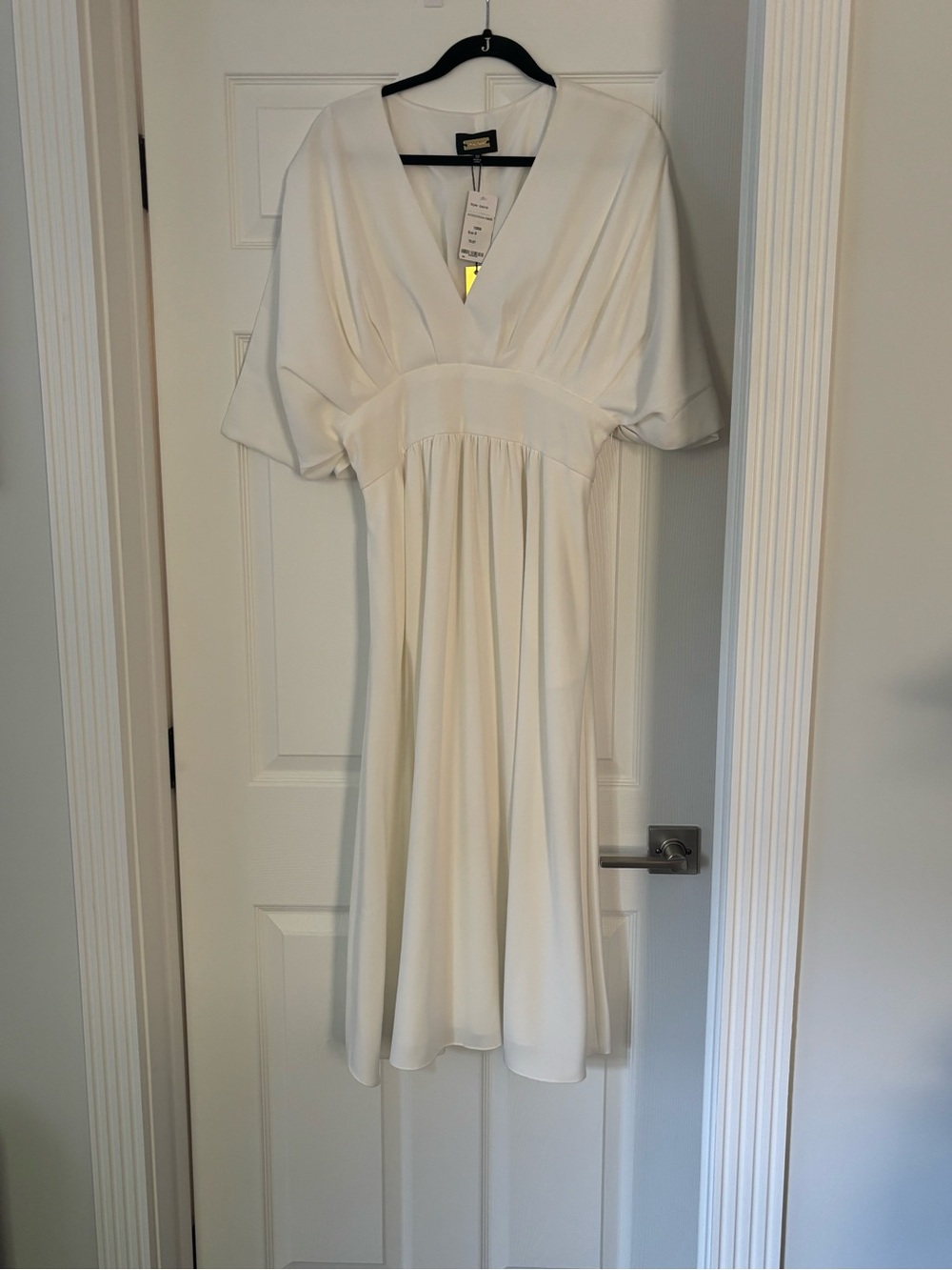 Elegant V-Neck Cream Midi Dress with Gathered Waist